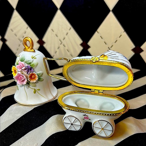 Porcelain Floral Set – Baby Carriage Trinket Box & Bell with 3D Flowers - Picture 6 of 8